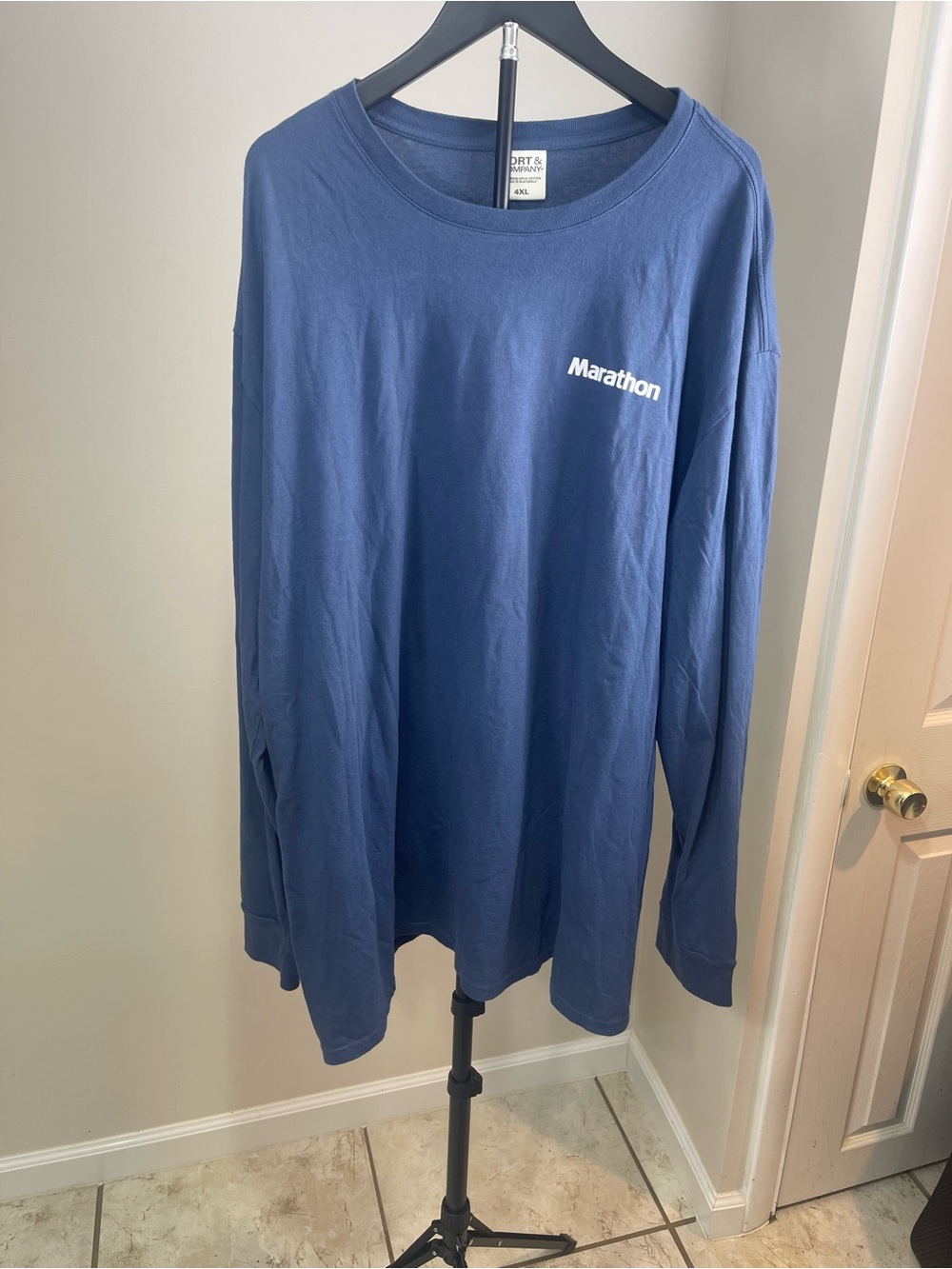Port and Company Long Sleeve Crewneck Shirt - Blue with White Logo